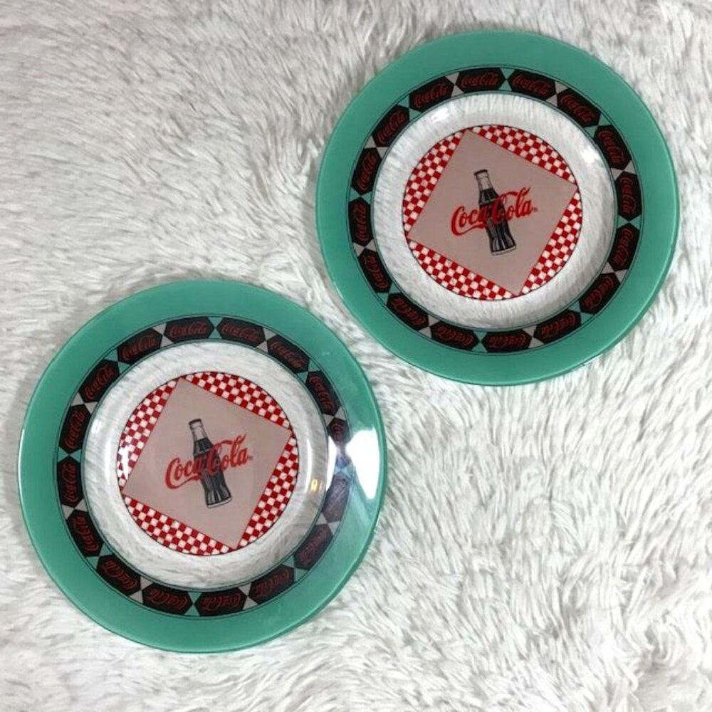 Set of 2 Vintage Coca-Cola Aqua Border Red Checker Coke Bottle Appetizer Plates